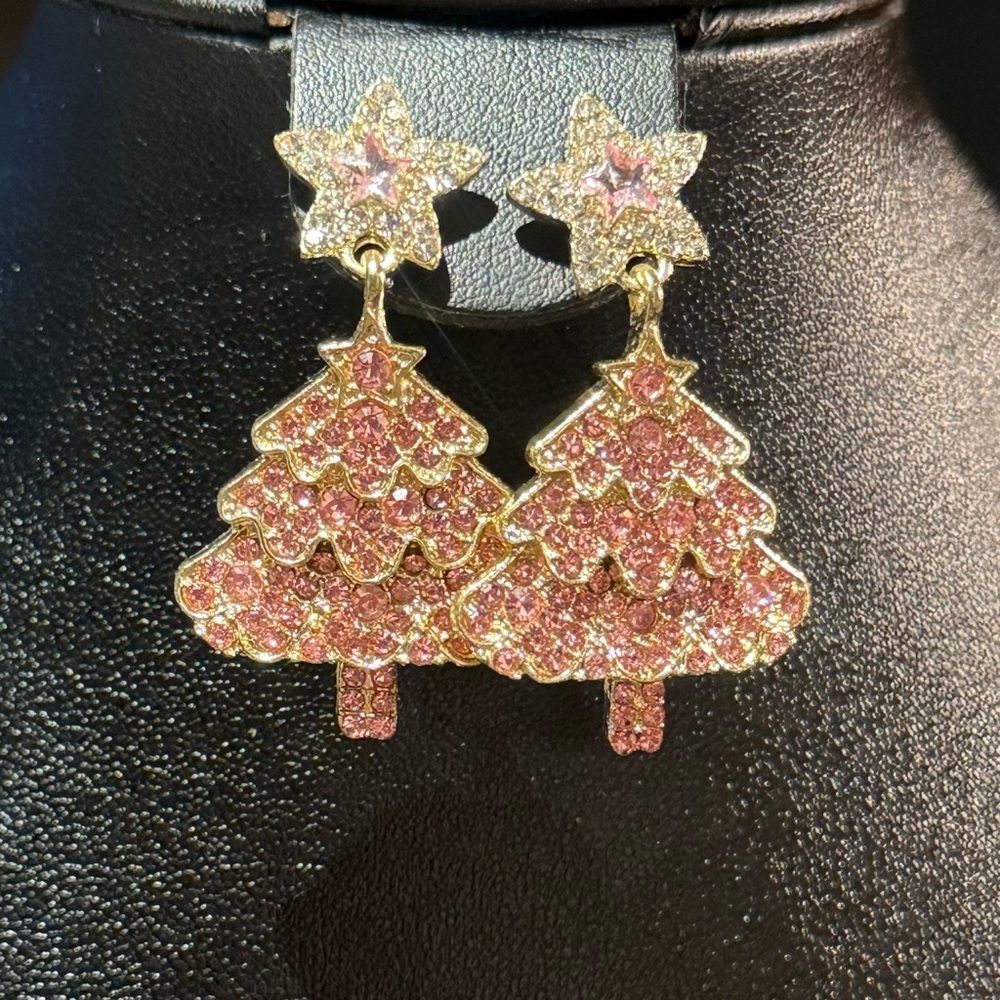 Gold, Pink and Cubic Zirconia Christmas Tree Earrings